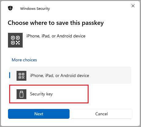 Screenshot of how to save a security key on Windows 11.